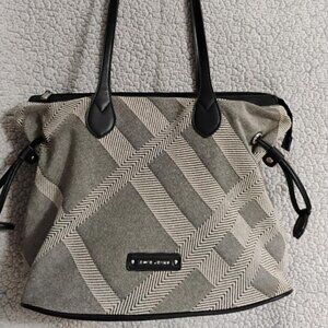 David Jones Tote Purse Hobo Bag White & Black Textile Print & Synthetic Leather